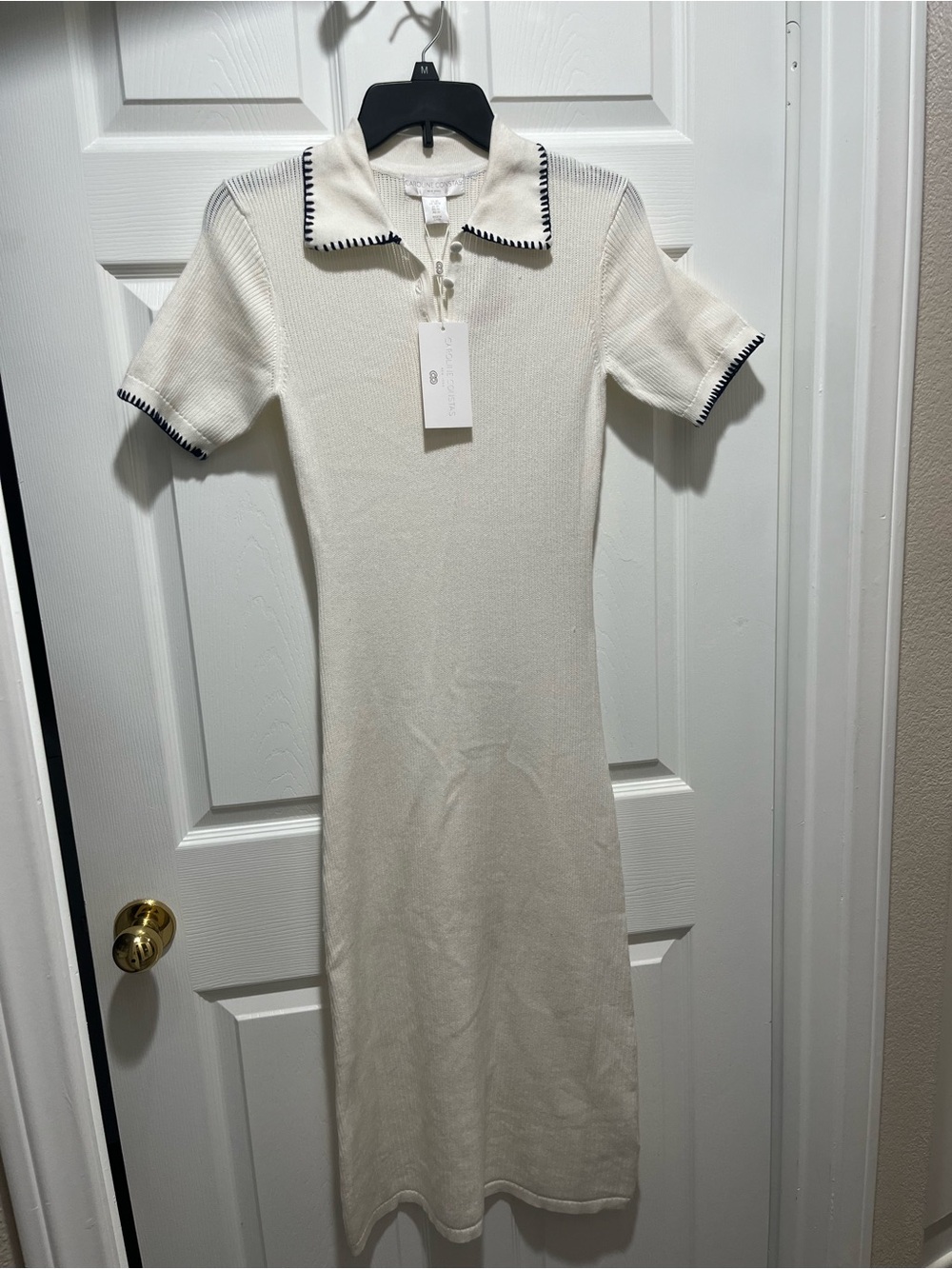 Caroline Constas Cream Knit Polo Midi Dress with Black Trim